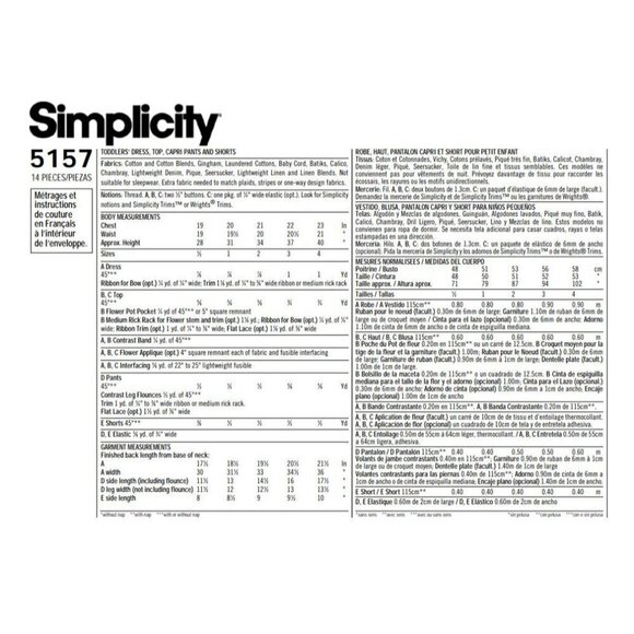 Simplicity Sewing Pattern 5157 Dress Top Capri Pants Shorts Toddlers Size 1/2-4 - Picture 3 of 3